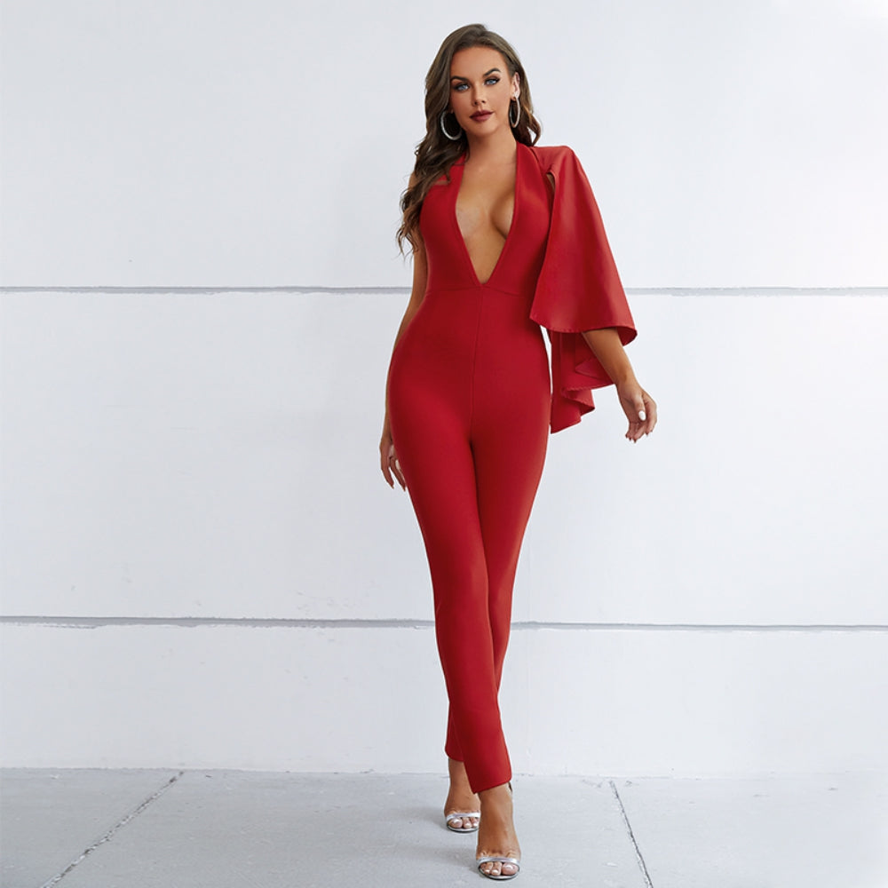 V Neck Long Sleeve Backless Bandage Jumpsuit