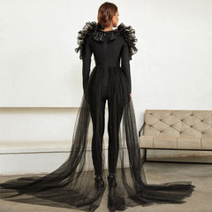 V Neck Long Sleeve Frill Bandage Jumpsuit