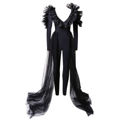 V Neck Long Sleeve Frill Bandage Jumpsuit