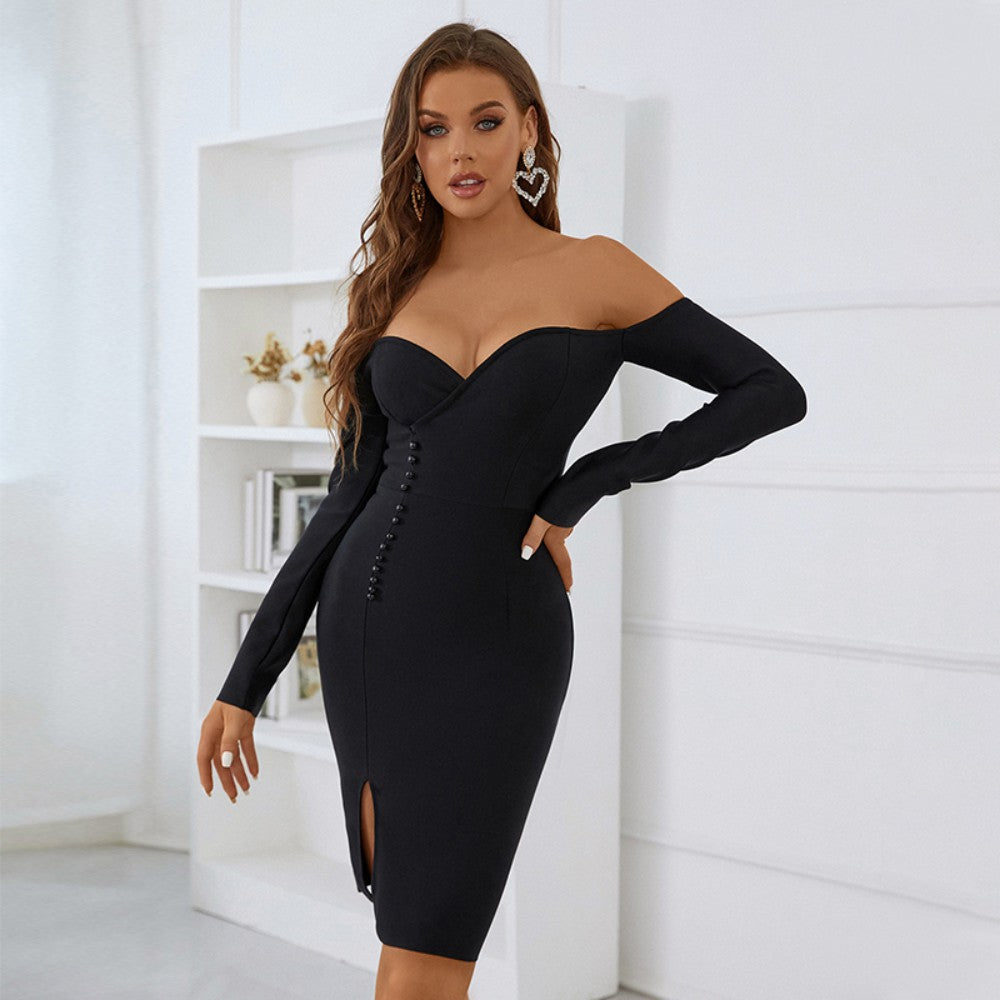 Off Shoulder Long Sleeve Mini Slit Bandage Dress