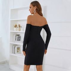 Off Shoulder Long Sleeve Mini Slit Bandage Dress