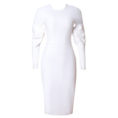 White Round Neck Long Sleeve Midi Frill Bandage Dress