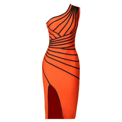 One Shoulder Sleeveless Midi Striped Bandage Dress