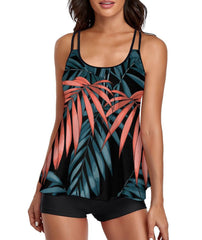 Tankini Print Leaf Tank Top Two Piece Bathing Suits with Boyshorts