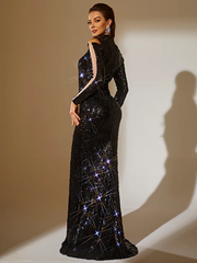 High Neck Long Sleeve Maxi Sequined Bodycon Dress