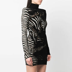 High Neck Long Sleeve Mini Patterned Bodycon Dress