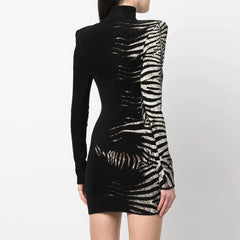 High Neck Long Sleeve Mini Patterned Bodycon Dress