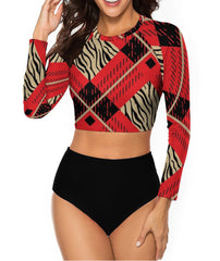 Red Plaid 2 Piece Sun Protection Bikini Swimwear