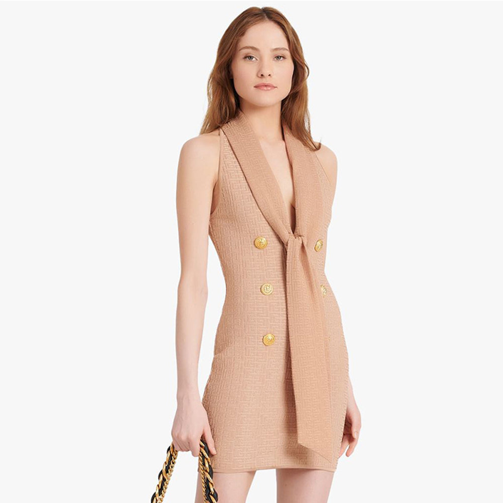 V Neck Mini Metal Ornamental Buckle Bodycon Dress