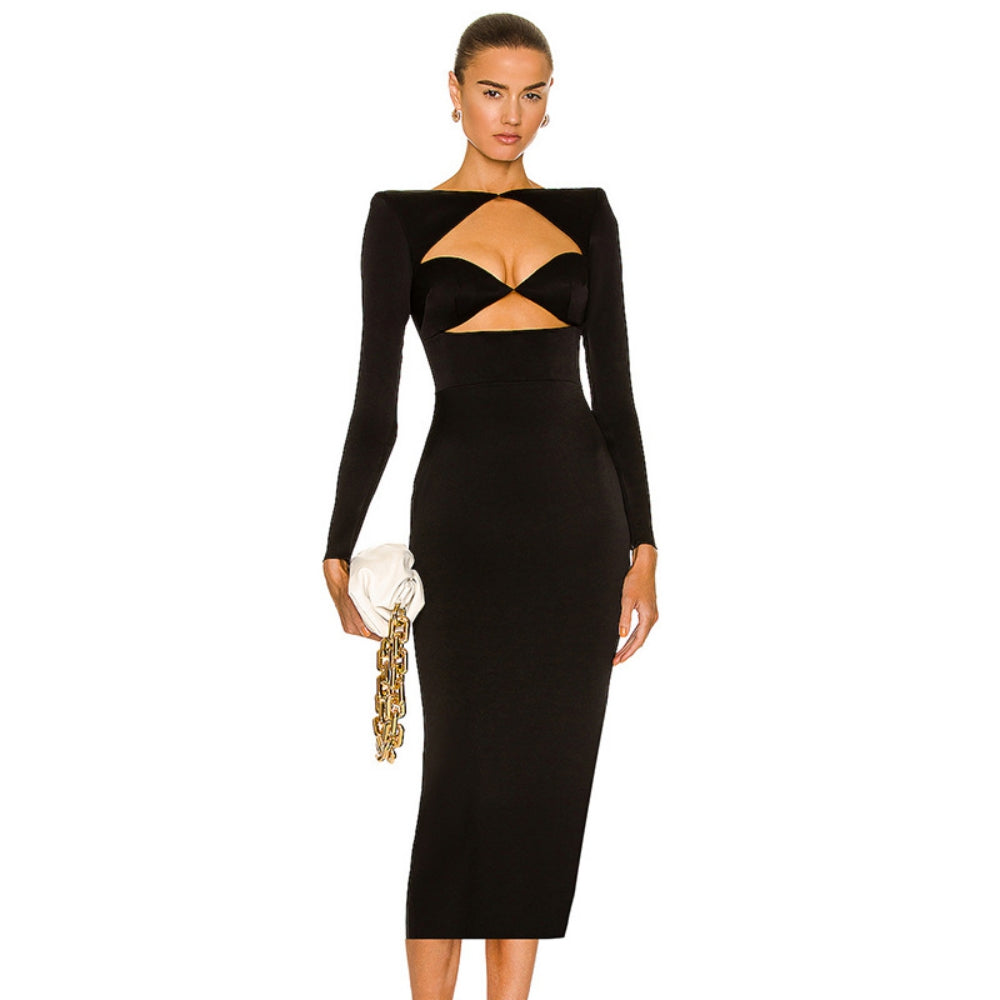 Round Neck Midi Hollow out Bodycon Dress