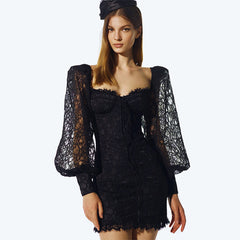 Square Collar Long Sleeve Mini Lace Up Bodycon Dress