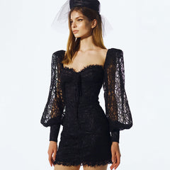 Square Collar Long Sleeve Mini Lace Up Bodycon Dress