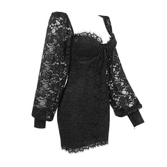 Square Collar Long Sleeve Mini Lace Up Bodycon Dress