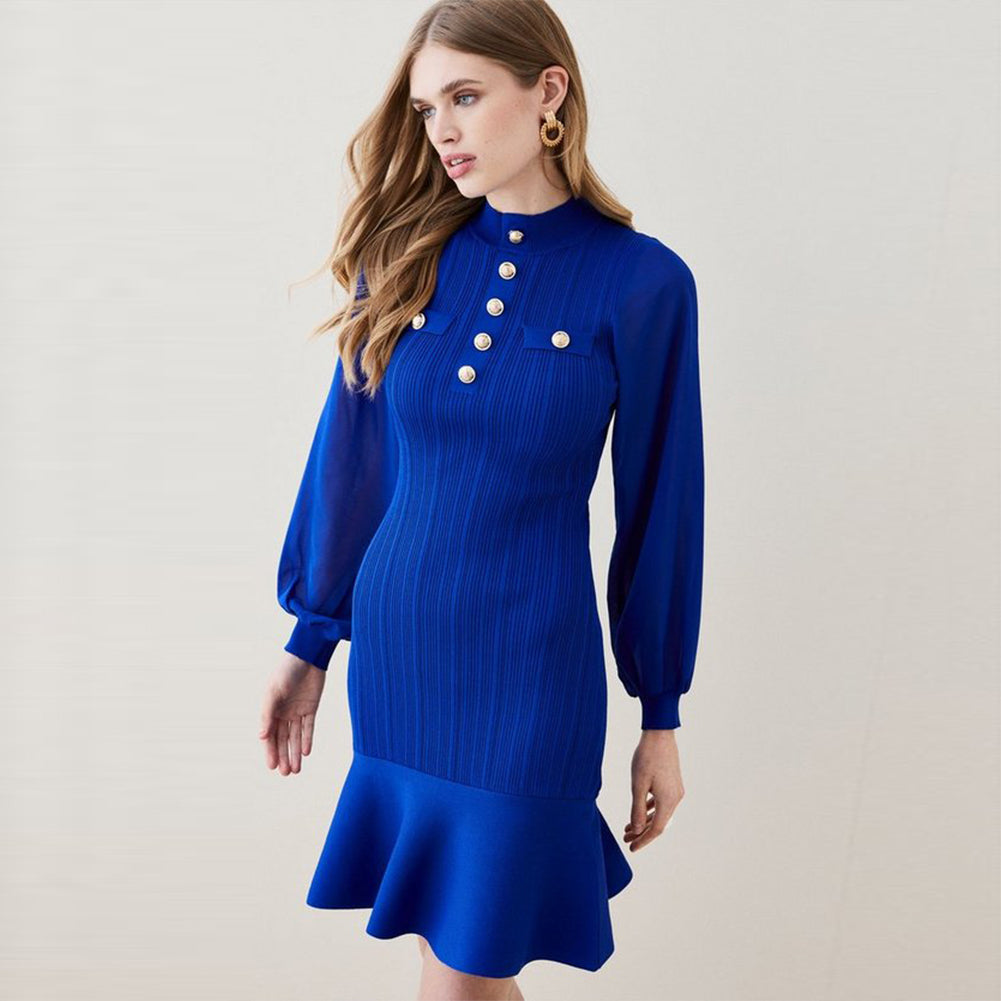 High Neck Metal Ornamental Buckle Mini Bandage Dress