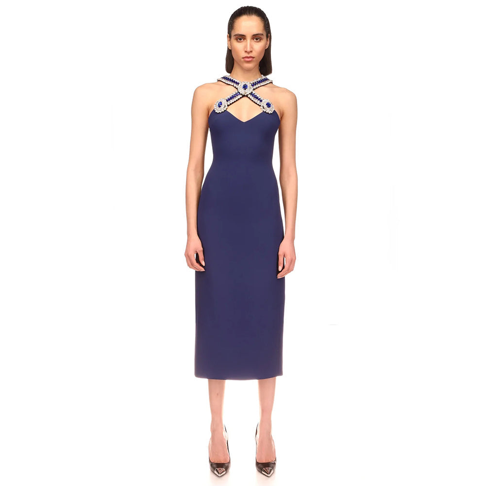 V Neck Sleeveless Diamente Embellished Midi Bandage Dress