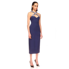 V Neck Sleeveless Diamente Embellished Midi Bandage Dress