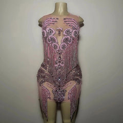 Round Neck Sleeveless Diamond Mini Exclusive Custom Pink Dress TH26002