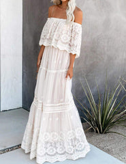 Off Shoulder Short Sleeve Floral Lace Bridesmaid Maxi Dress TJ611313