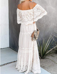 Off Shoulder Short Sleeve Floral Lace Bridesmaid Maxi Dress TJ611313