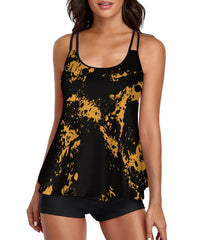 Tankini Tie Dye Yellow Tank Top Two Piece Bathing Suits with Boyshorts