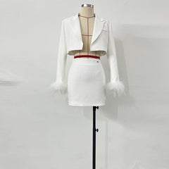 V Neck Long Sleeve Feather Bodycon Set