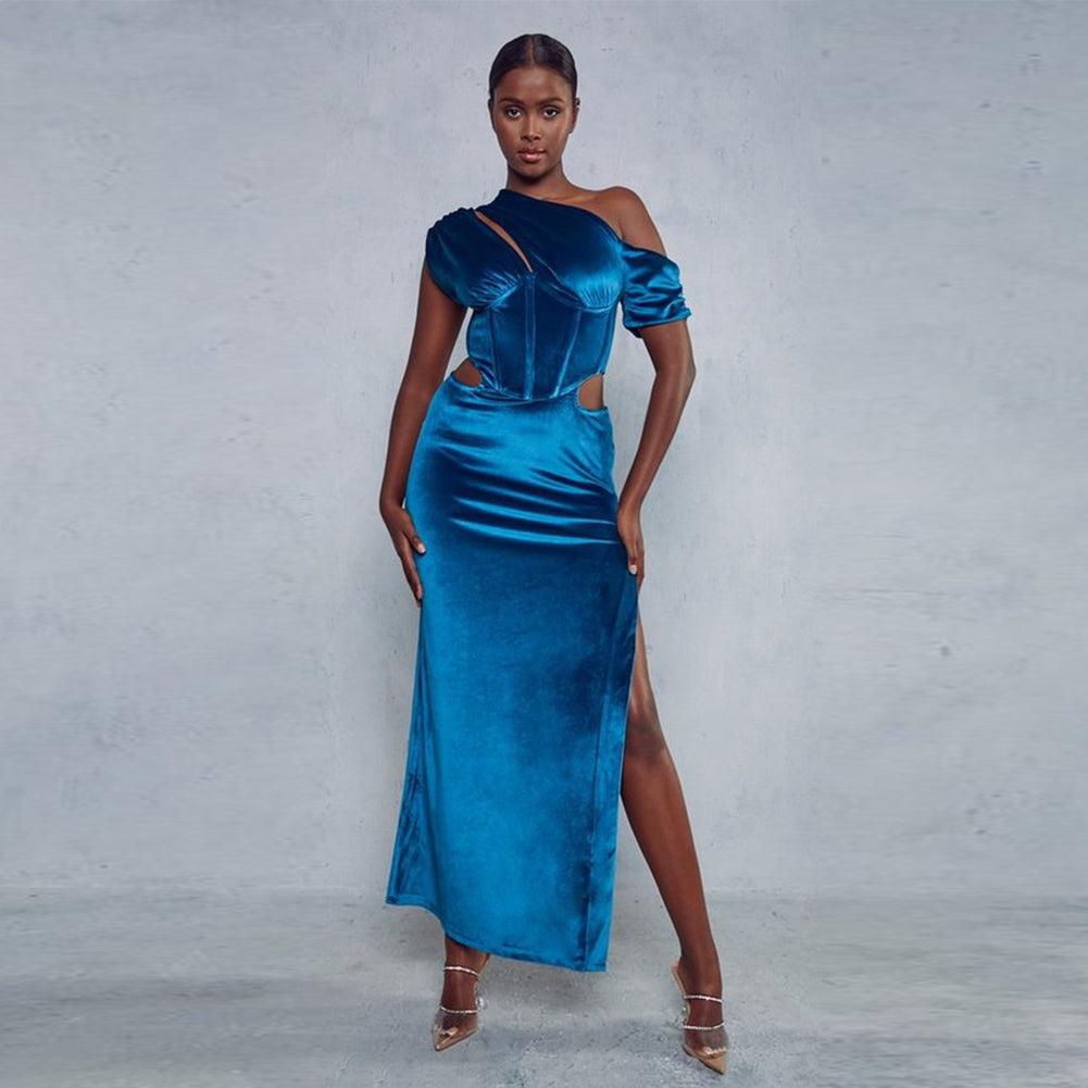 One Shoulder Short Sleeve Maxi Exposed Waist Bodycon Dress