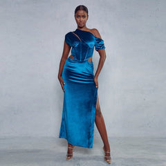 One Shoulder Short Sleeve Maxi Exposed Waist Bodycon Dress