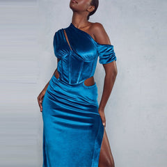 One Shoulder Short Sleeve Maxi Exposed Waist Bodycon Dress