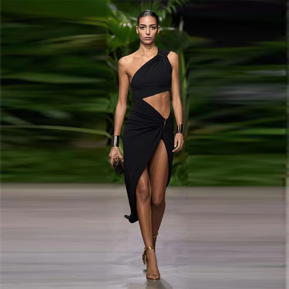 One Shoulder Sleeveless Side Slit Maxi Bodycon Dress ZNSBA926