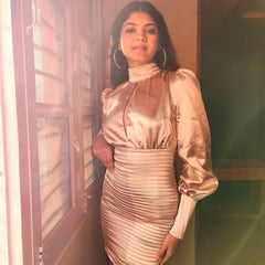 High Neck Long Sleeve Wrinkled Mini Bodycon Dress