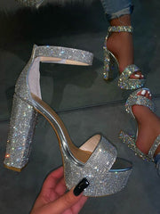 Rhinestone Chunky Heel Platform Sandals