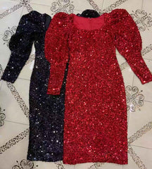 Square Collar Long Sleeve Sequined Over Knee Bodycon Dress