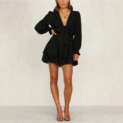 V Neck Long Sleeve Frill Mini Bodycon Dress