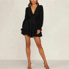 V Neck Long Sleeve Frill Mini Bodycon Dress