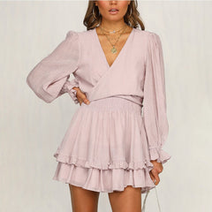 V Neck Long Sleeve Frill Mini Bodycon Dress