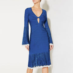 V Neck Long Sleeve Lace Over Knee Bandage Dress H1611