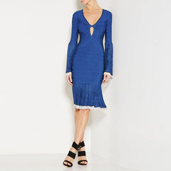 V Neck Long Sleeve Lace Over Knee Bandage Dress H1611