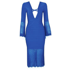 V Neck Long Sleeve Lace Over Knee Bandage Dress H1611