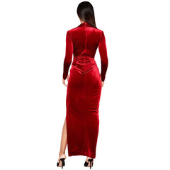 V Neck Long Sleeve Wrinkled Maxi Bodycon Dress