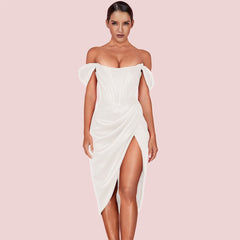 Off Shoulder Short Sleeve Wrinkled Over Knee Bodycon Dress