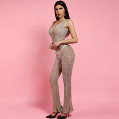 V Neck Sleeveless Mesh Bodycon Jumpsuit