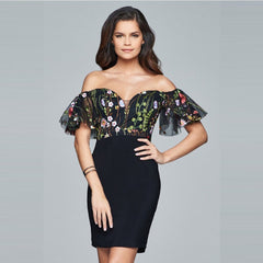 Off Shoulder Short Sleeve Printed Mini Bandage Dress HT0310