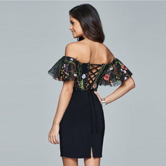 Off Shoulder Short Sleeve Printed Mini Bandage Dress HT0310