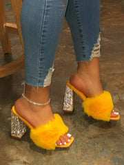 Rhinestone Chunky Heel Furry Sandal