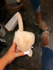 Rhinestone Chunky Heel Furry Sandal
