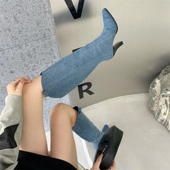 Denim Pointed Toe High Heeled Western Cowboy Boots