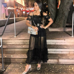 Off Shoulder Short Sleeve Lace Maxi Bodycon Dress K1962