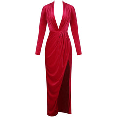 V Neck Long Sleeve Wrinkled Maxi Bodycon Dress