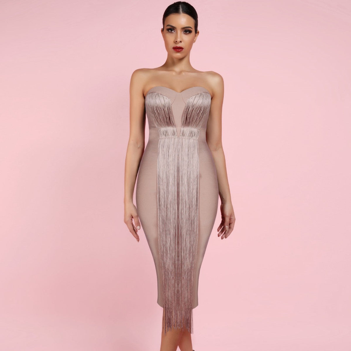 Strapless Sleeveless Tassels Over Knee Bandage Dress