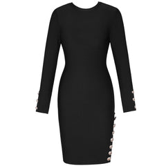 Round Neck Long Sleeve Slit Over Knee Bandage Dress PZ19247